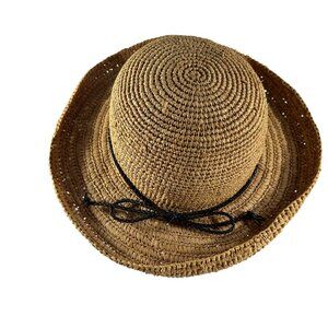Laura Ashley Raffia Straw Hat Black Bow Rolled Brim Summer Garden Outdoor